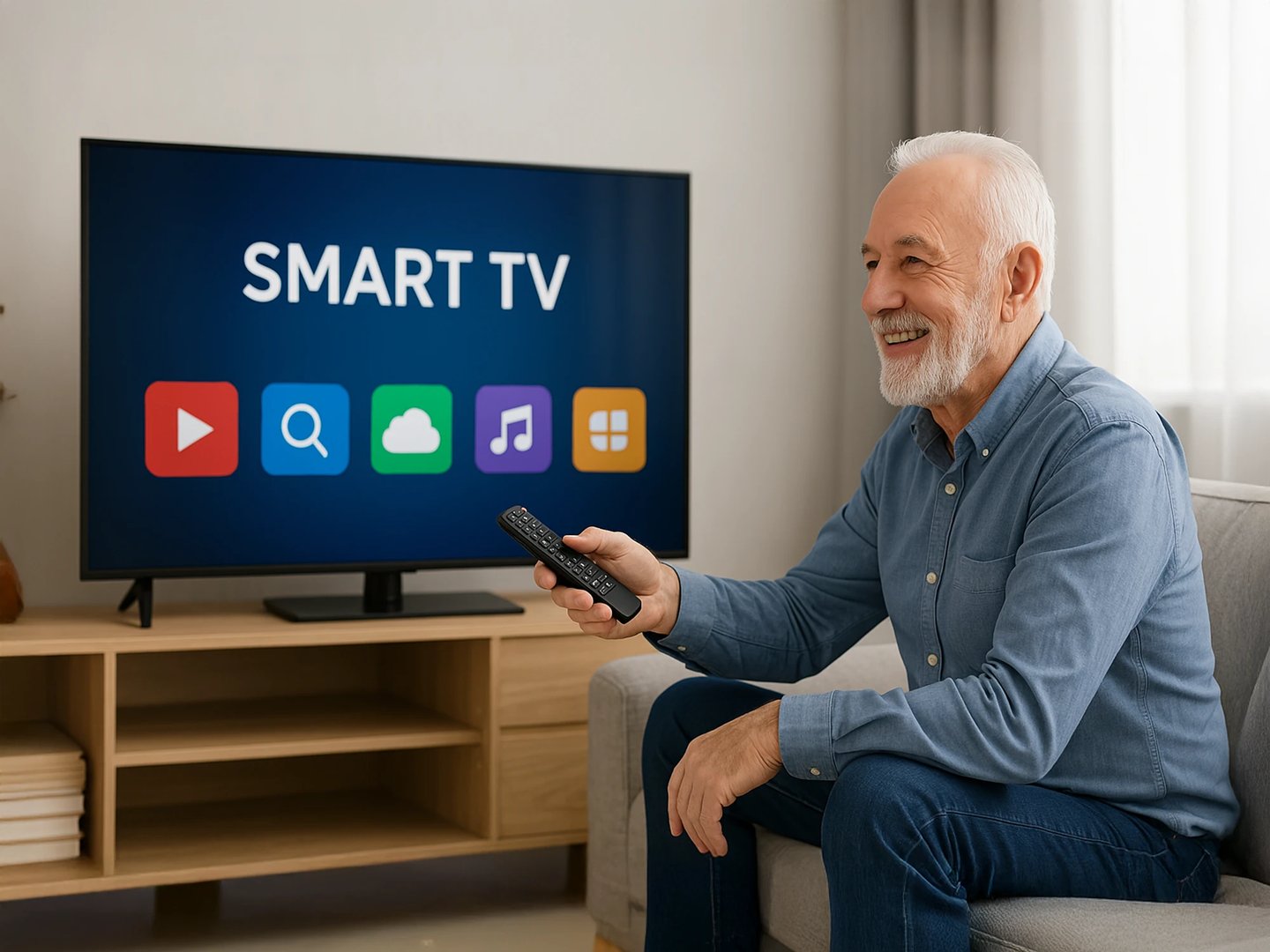 Older man using smart TV with remote, smiling in living room. Tech help for Cedar Rapids seniors.