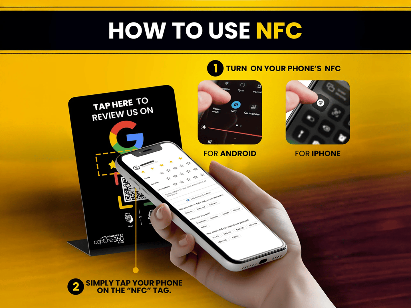 Black NFC menu stand on colorful restaurant table. Fast food digital ordering with QR and tap.