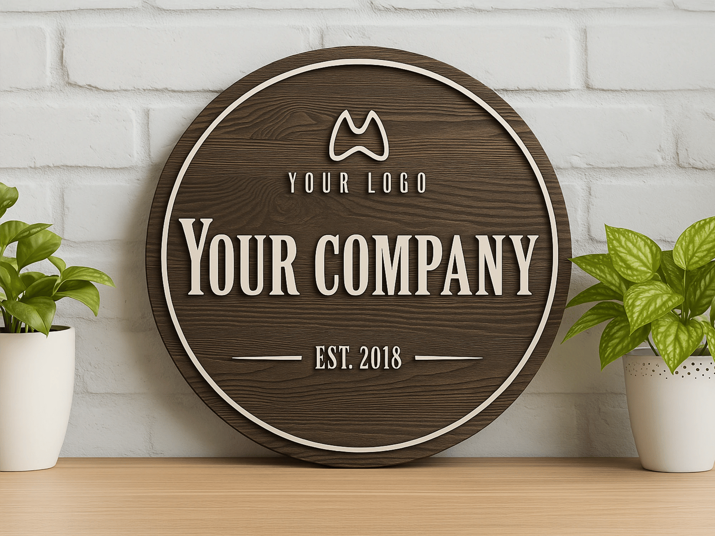Round wood sign with placeholder logo and company name. Laser engraved custom branding décor.