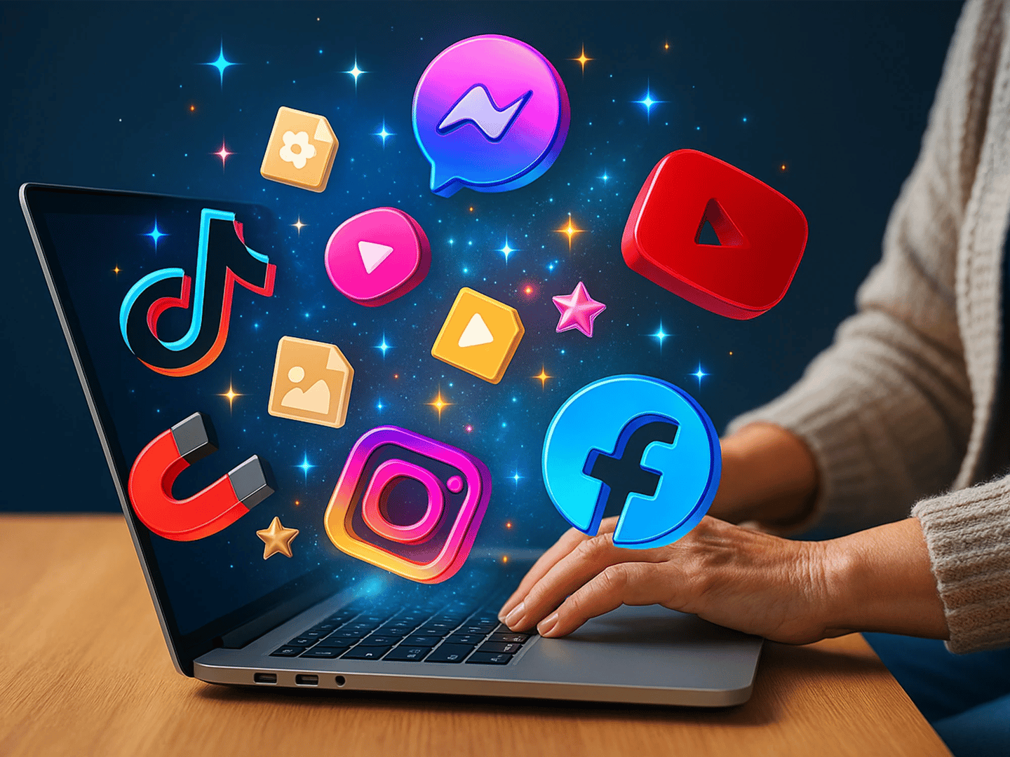 Social media icons with sparkles emerging from laptop screen in colorful tech-themed workspace.