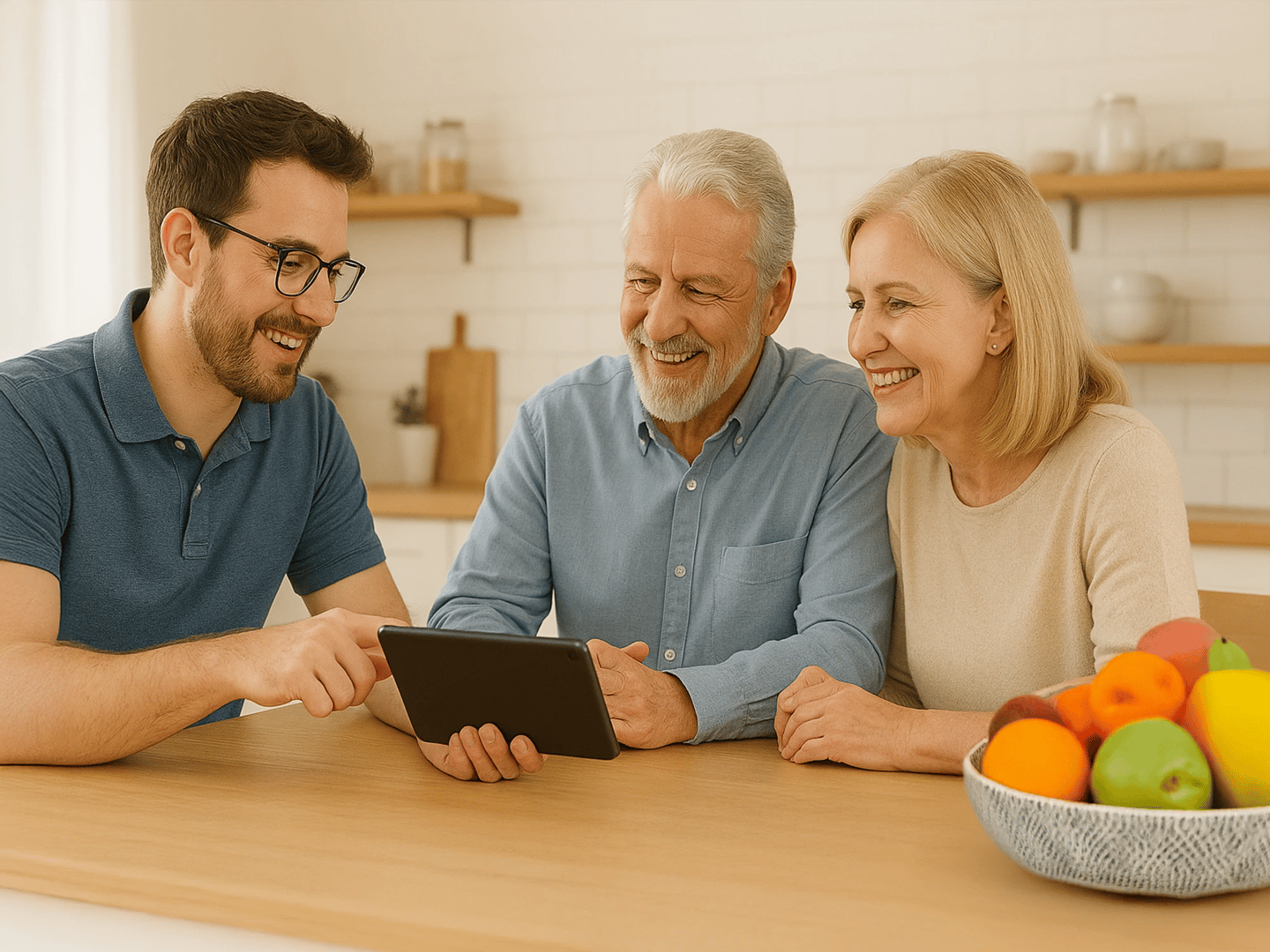 Family learning tablet together in kitchen. Friendly, no-jargon tech help in Cedar Rapids homes.