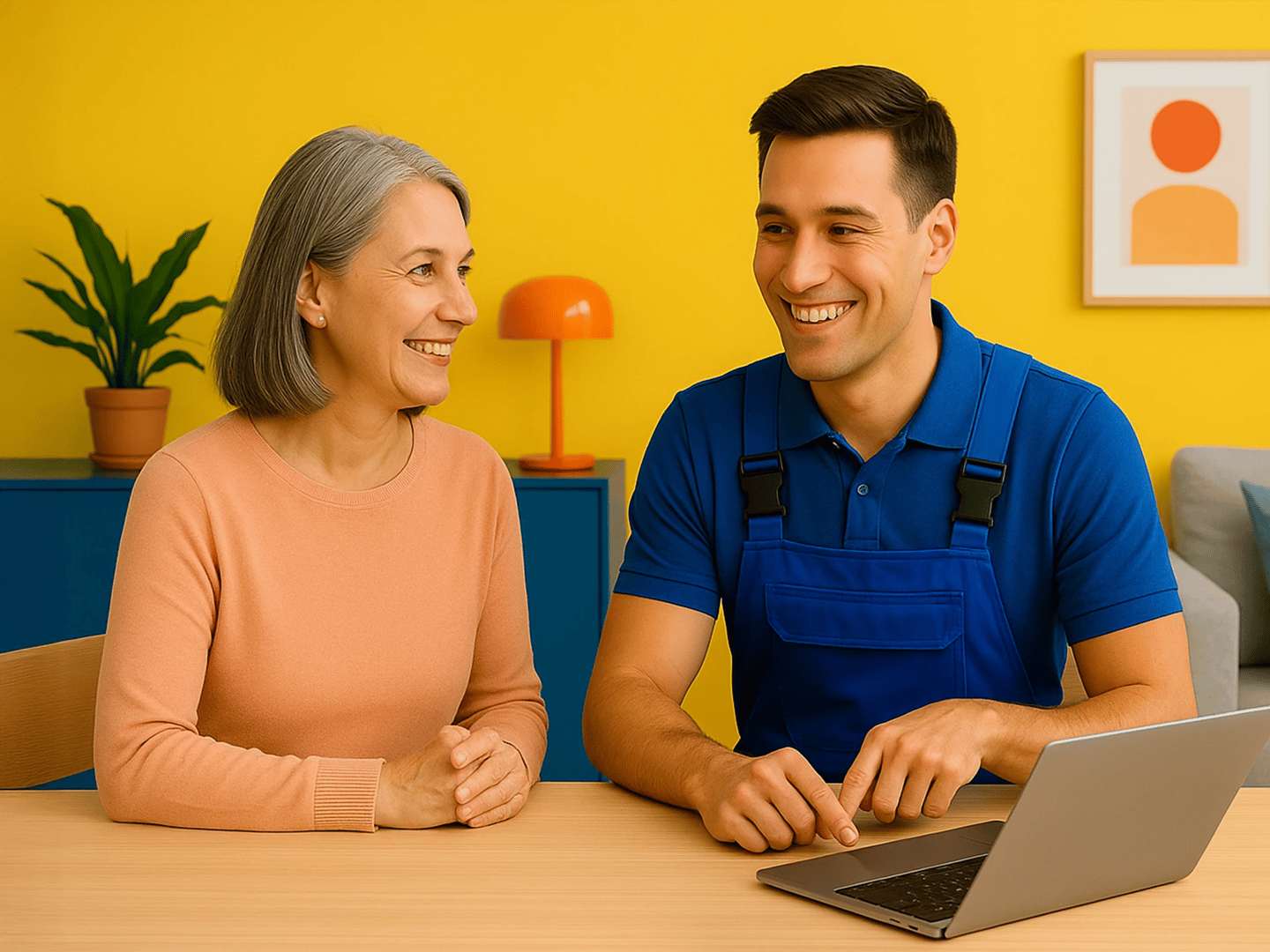 Tech matchmaker in Cedar Rapids helping customer pick the right device in bright, colorful room.