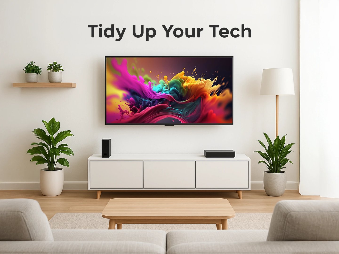 Modern TV setup in tidy living room with vibrant screen. Digital handyman tech cleanup in Iowa.