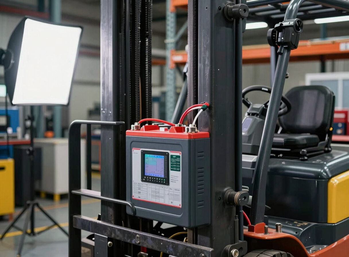 Close-up of a heavy-duty lithium battery pack installed in an electric forklift on an active manufacturing floor, precision cable connections and BMS display visible, clean studio strobe lighting from the left, steel shelving and industrial infrastructure in background