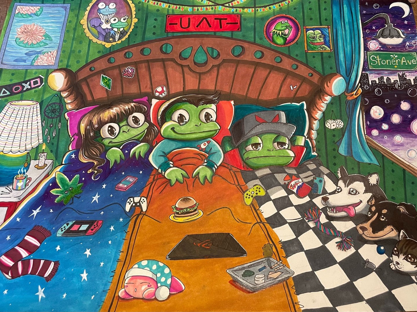 commission custom art piece of college friends in bed together hanging out