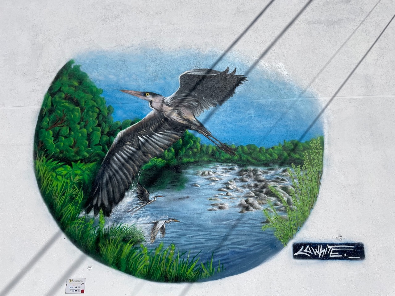 une peinture de héron cendré avec une rivière