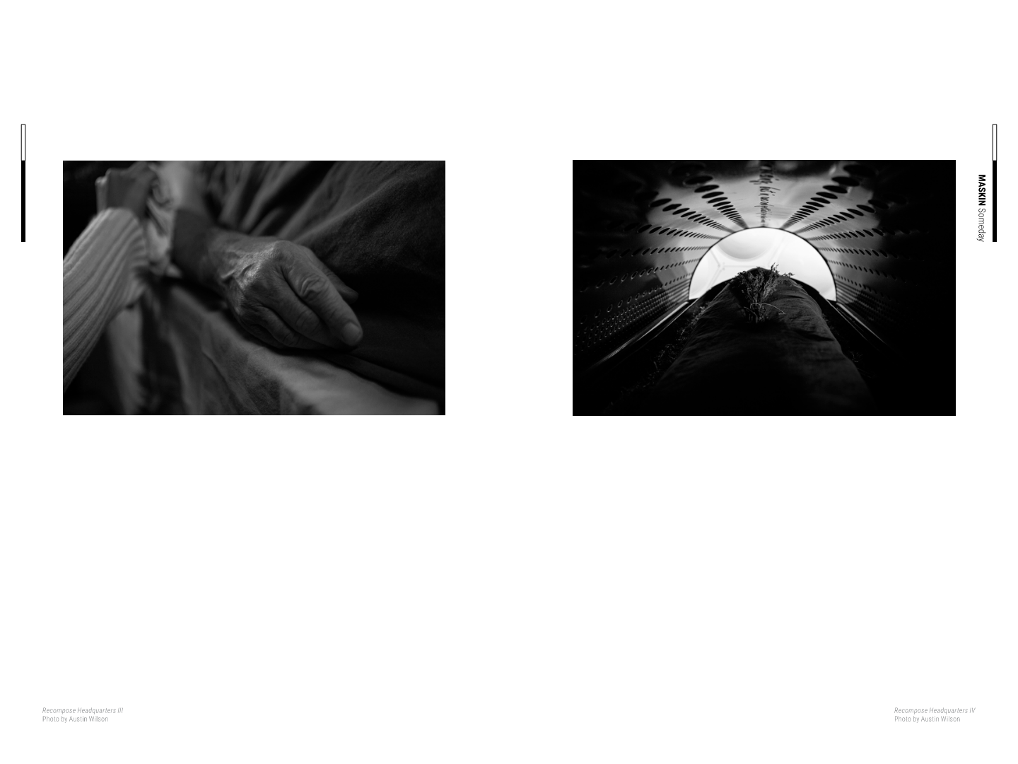 A magazine spread with a photo of a funeral and a futuristic machine