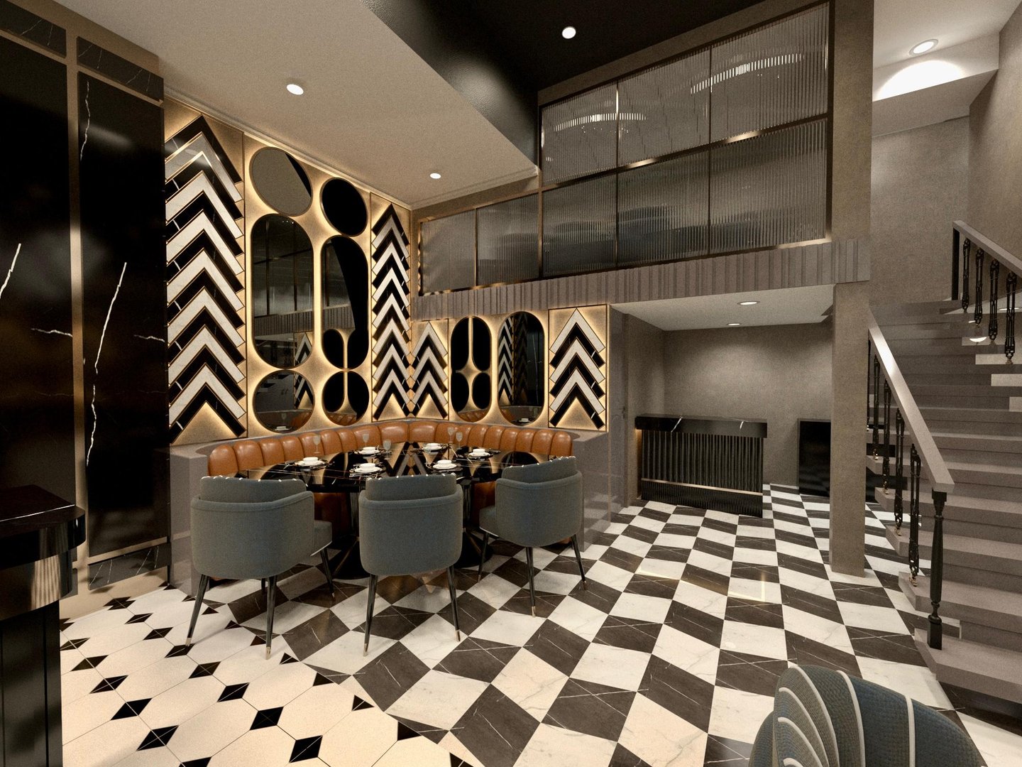 3D-rendered luxury restaurant interior with black-and-gold decor, curved seating –by SketchyCAD.
