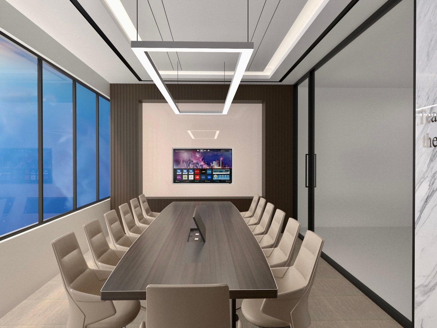 3D-rendered conference room with wooden table, beige chairs, LED lighting,––by SketchyCAD.