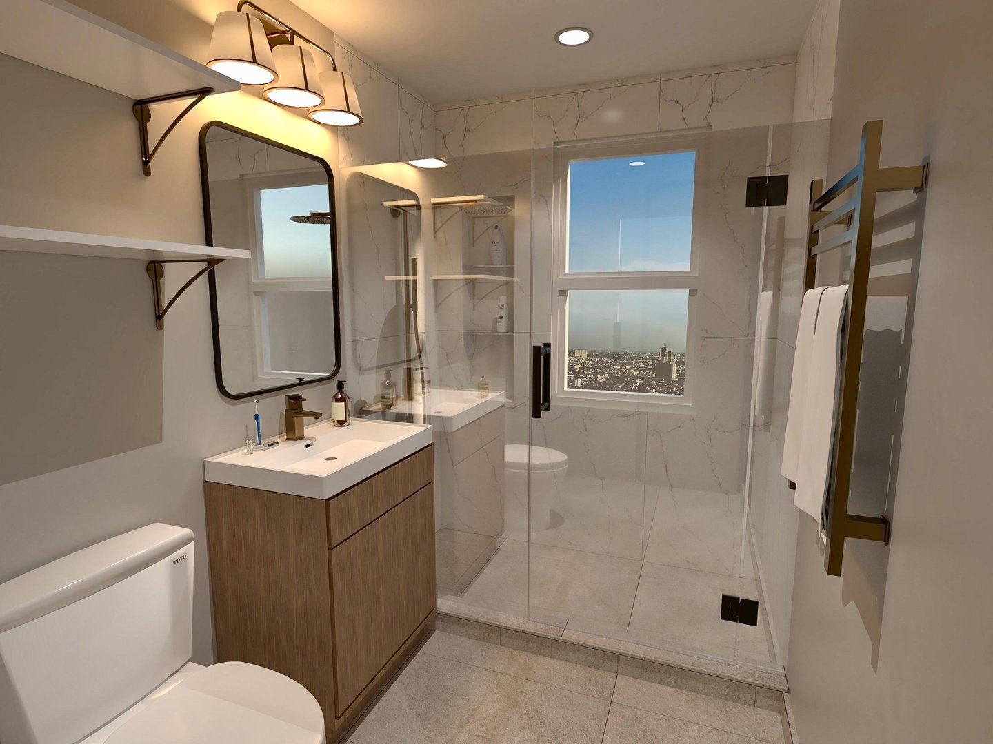 3D-rendered bathroom with wooden vanity, modern lighting, –by SketchyCAD.