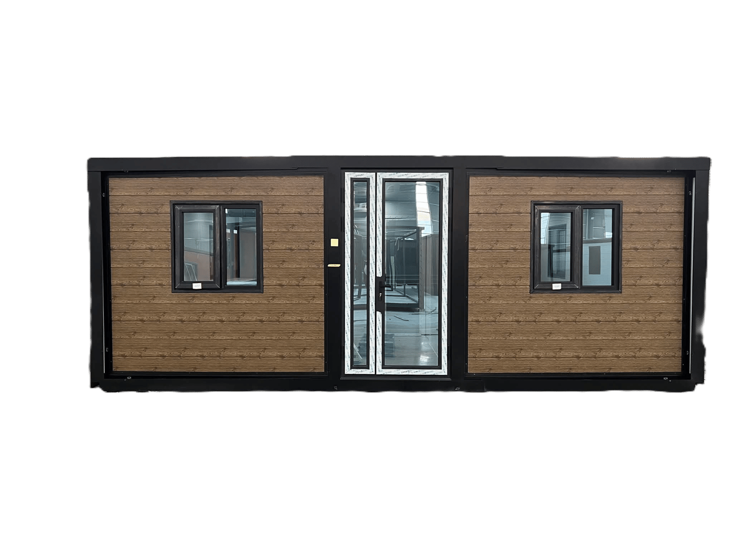 Modern portable cabin with wood-grain siding, black window frames, and glass double doors.