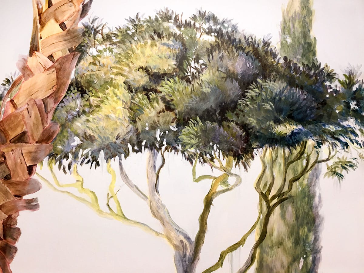 Hand-painted sunlit tree crown with thick green foliage and cypress, by House of Lyria