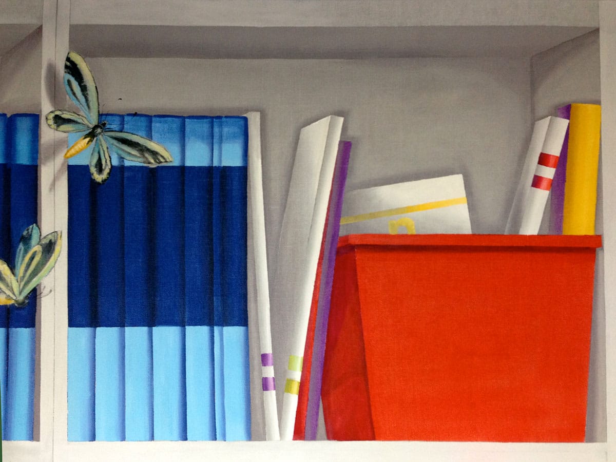 Close-up of bookshelf in trompe-l'oeil style showing a butterfly and books.