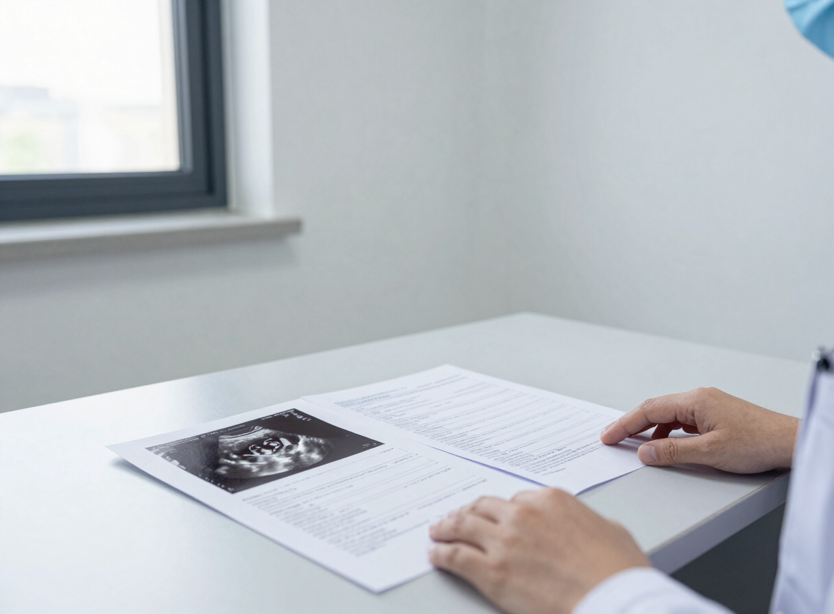 Wide environmental shot of a consultation room interior: a desk with printed diagnostic reports and an ultrasound image sheet laid flat under even daylight from a large window to the left, a physician's hands visible resting on the documents, clinical white walls, no faces shown, clean and ordered space