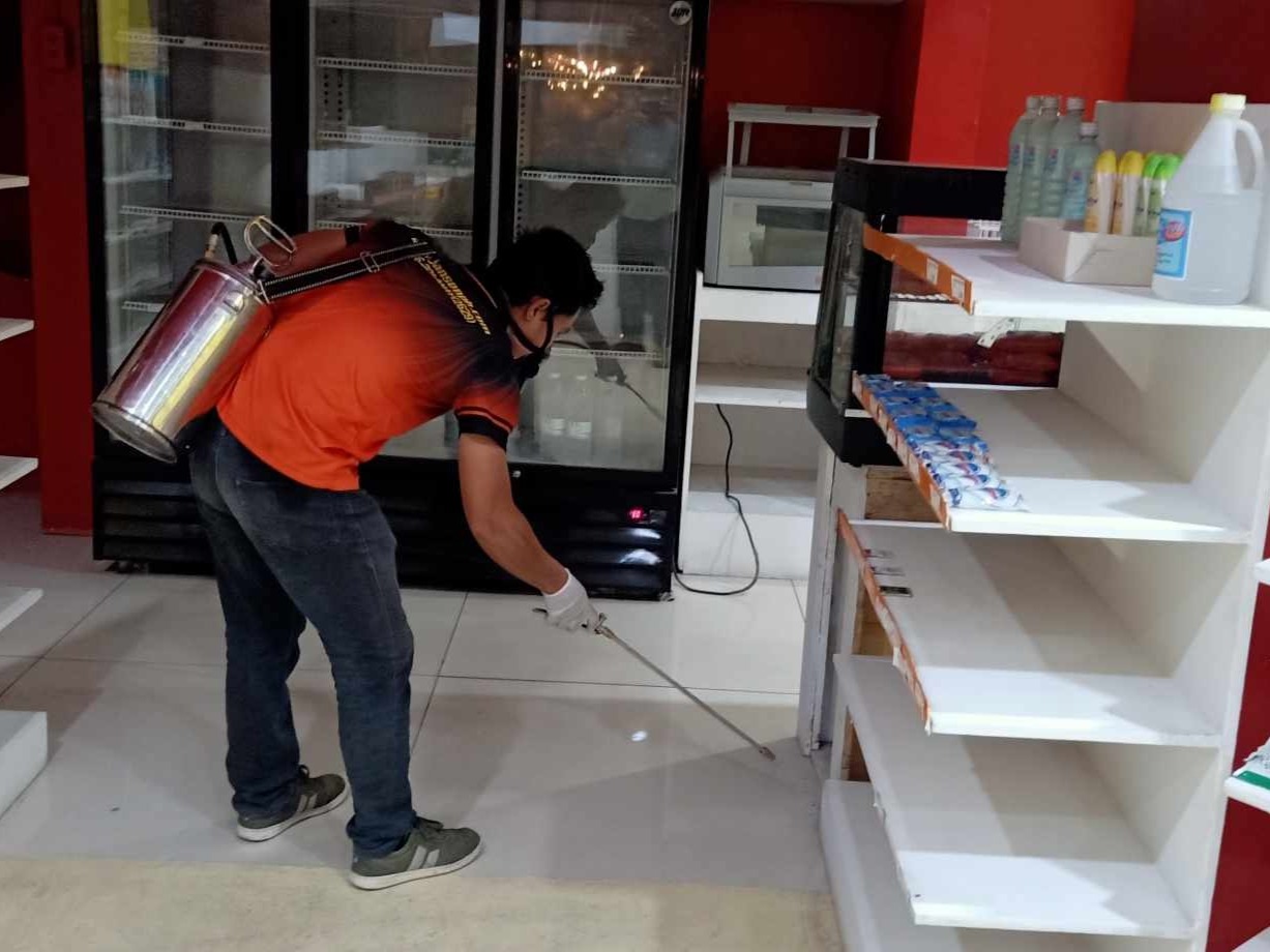 Professional pest control technician spraying disinfectant or insecticide in a commercial retail store kitchen.