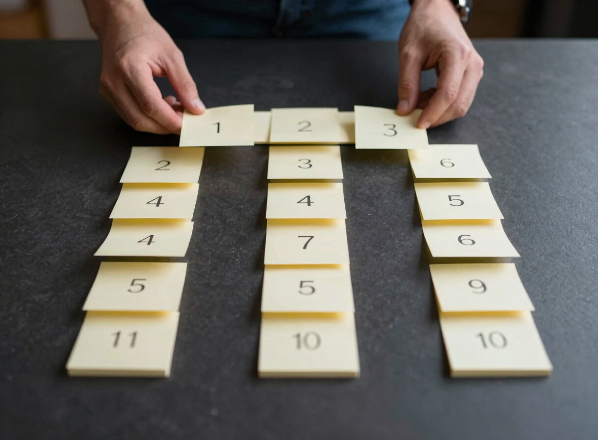 Tight crop of hands arranging numbered sticky notes on a dark matte desk surface forming a funnel flowchart—three distinct columns labeled with phase markers, cool studio strobe rim light creating sharp separation between notes and dark background, shallow depth of field, no faces visible