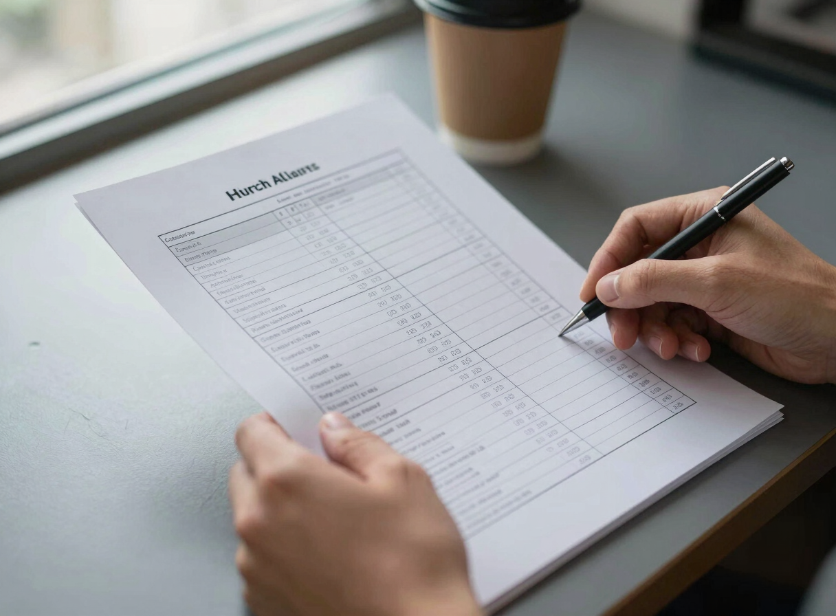 Close documentary detail: hands holding a printed candidate pipeline spreadsheet on a desk, a coffee cup blurred in the background, daylight from a nearby window, no faces visible, focus on the document and hands