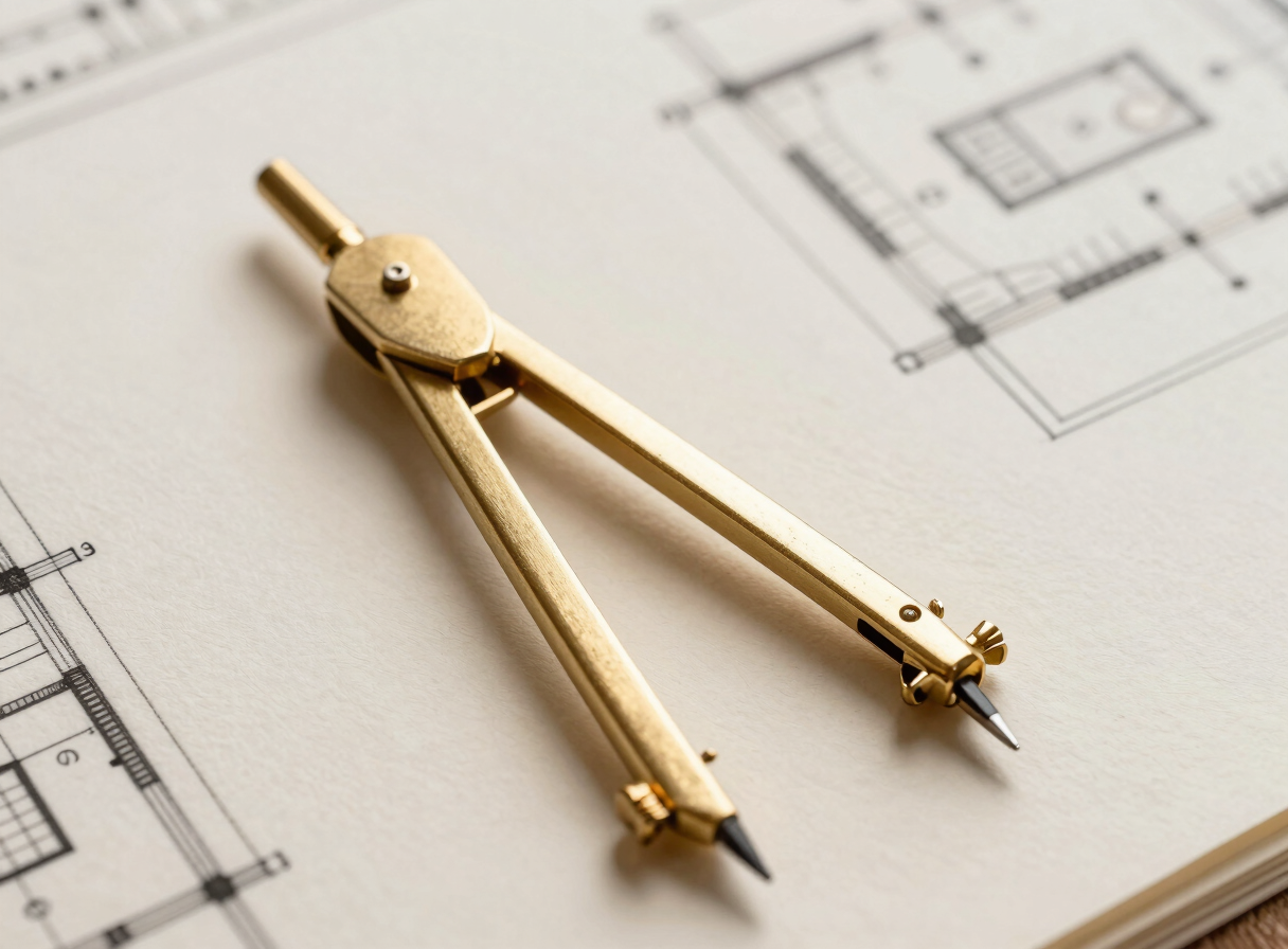 Close-up of an architectural plan drawing on textured cream paper, a single gold compass resting on the sheet, soft diffused studio light, no hands, minimal composition