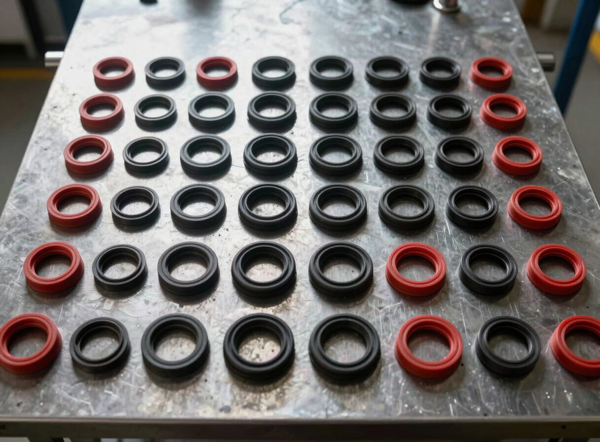 Overhead flat-lay of finished rubber oil seals arranged in rows on a steel inspection table, natural daylight from factory skylights, charcoal and dark metal surface, red and black seal colors, tolerance markings visible on parts, no hands in frame