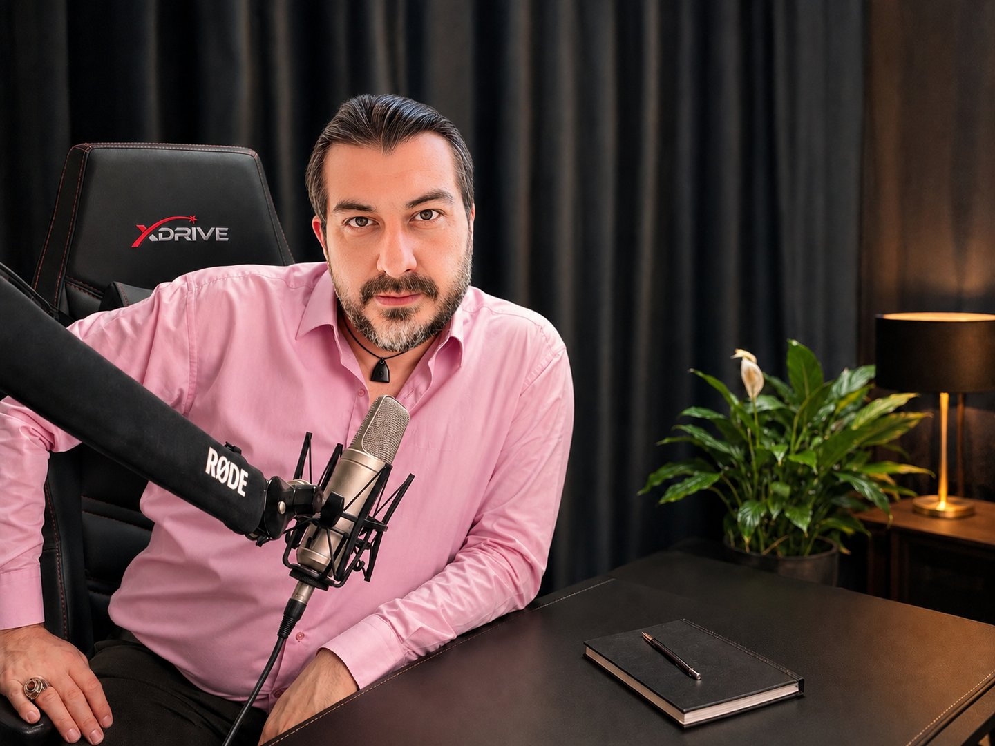 A male podcaster in a pink shirt recording with a Rode microphone in a professional studio setting.