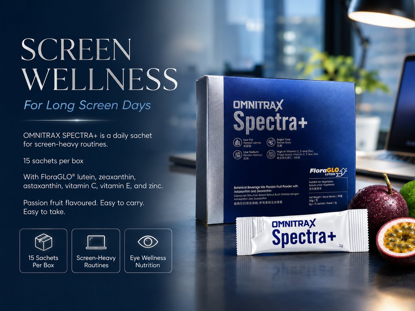 OMNITRAX SPECTRA+ screen wellness sachet for long laptop and phone routines