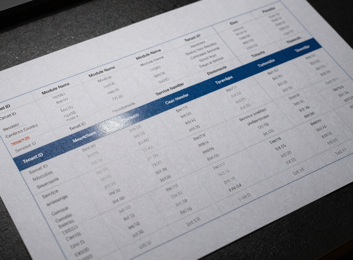Wide overhead studio shot of a modular chain-of-custody data visualization printed on matte paper, segmented into labeled columns — tenant ID, module name, service handler, timestamp — with a steel-blue accent line separating tenant domains, cool even lighting, geometric sans-serif annotations visible in each column