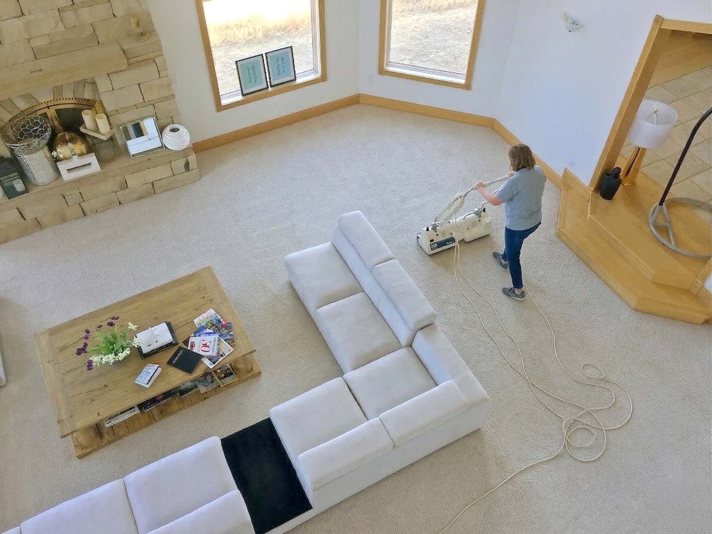 Dry carpet cleaning in an Evergreen home using the Host dry extraction system.