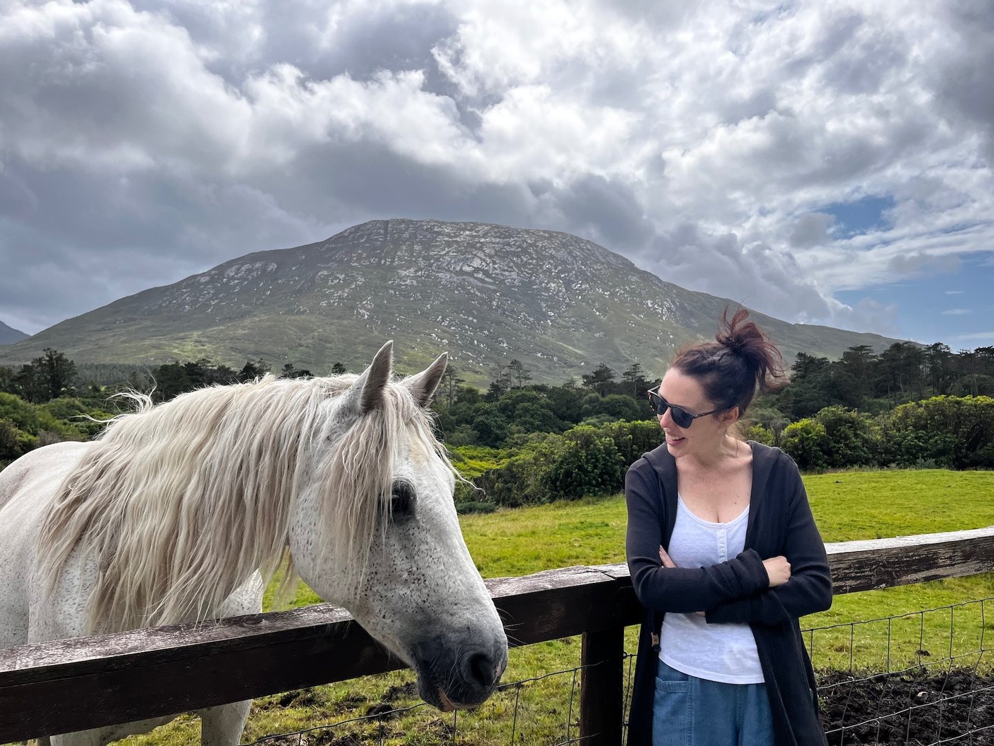 a woman standing next to a horse in a field