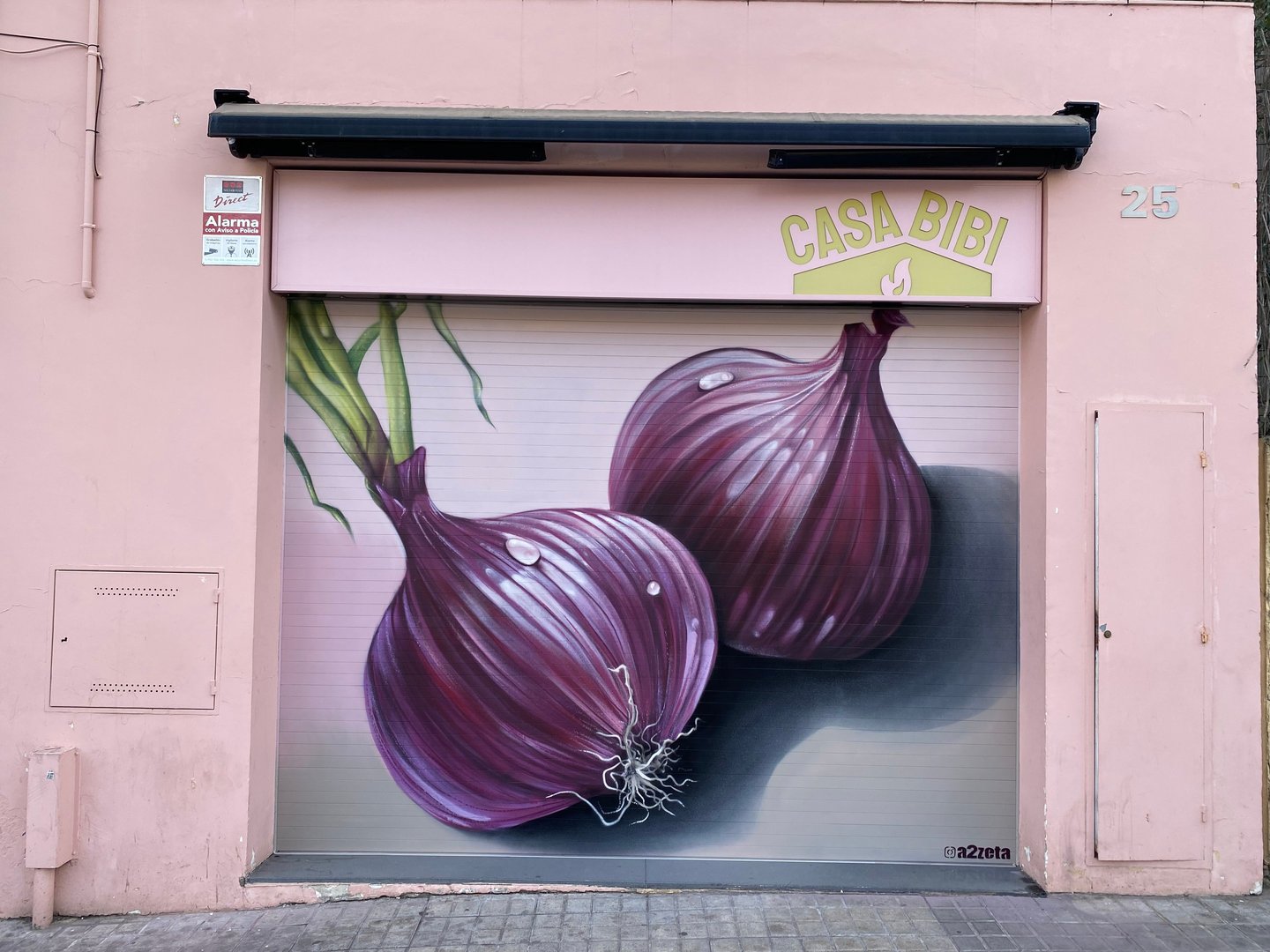 Intervención artística sobre persiana metálica pintada con spray. Diseño figurativo contemporáneo co