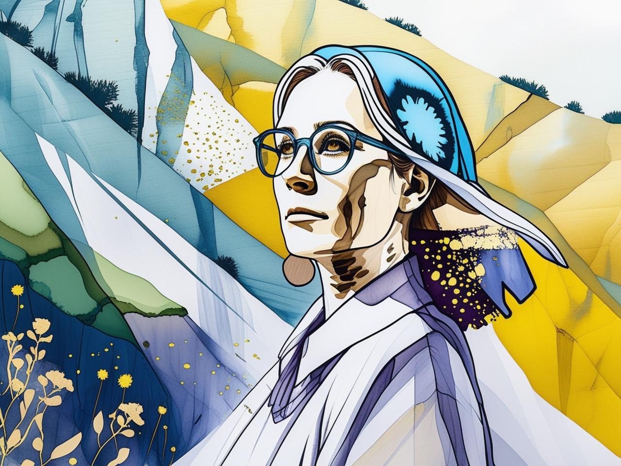 a woman wearing glass in a stylised hillside