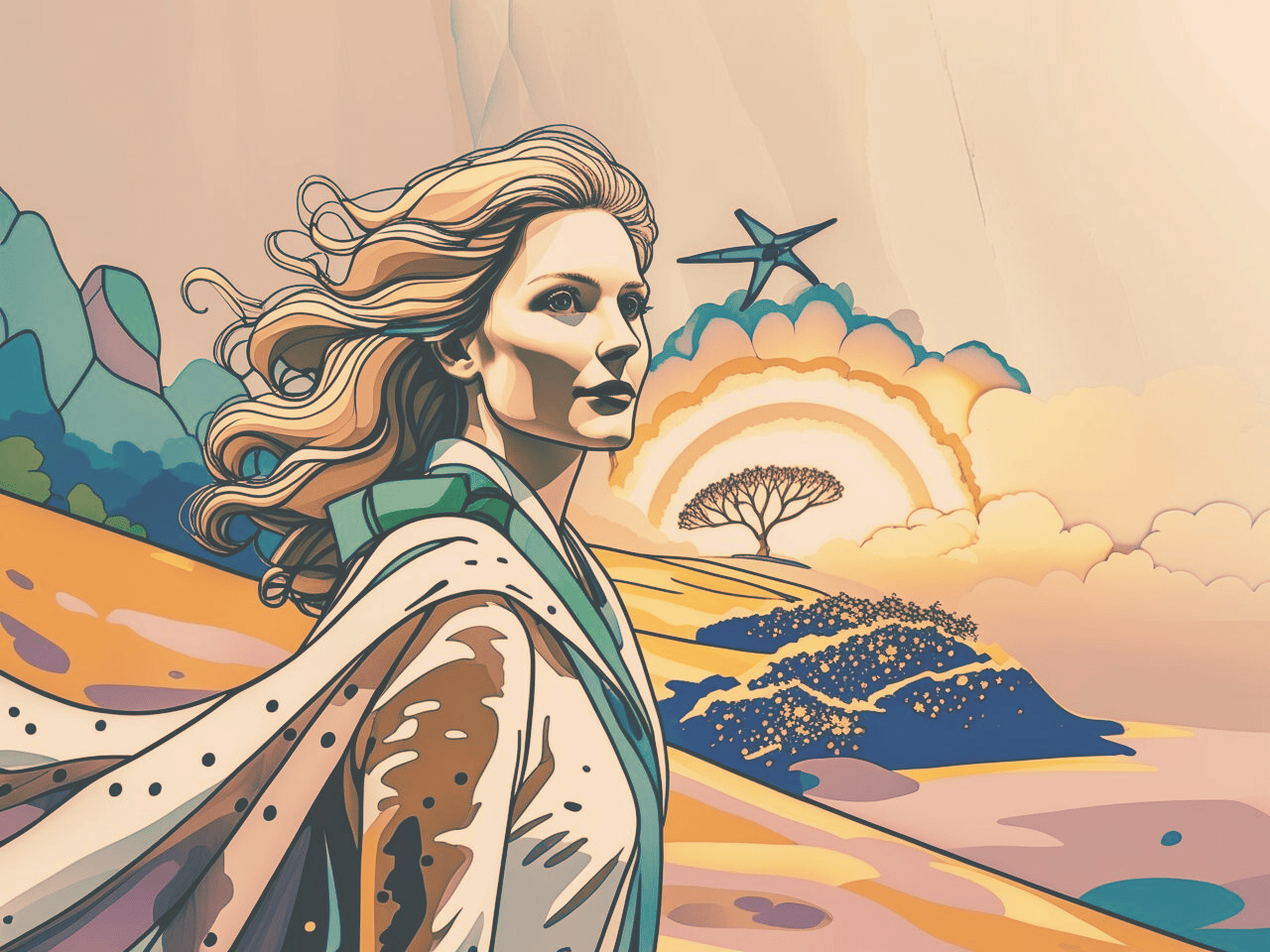 a woman standing in a stylised landscape with sunshine