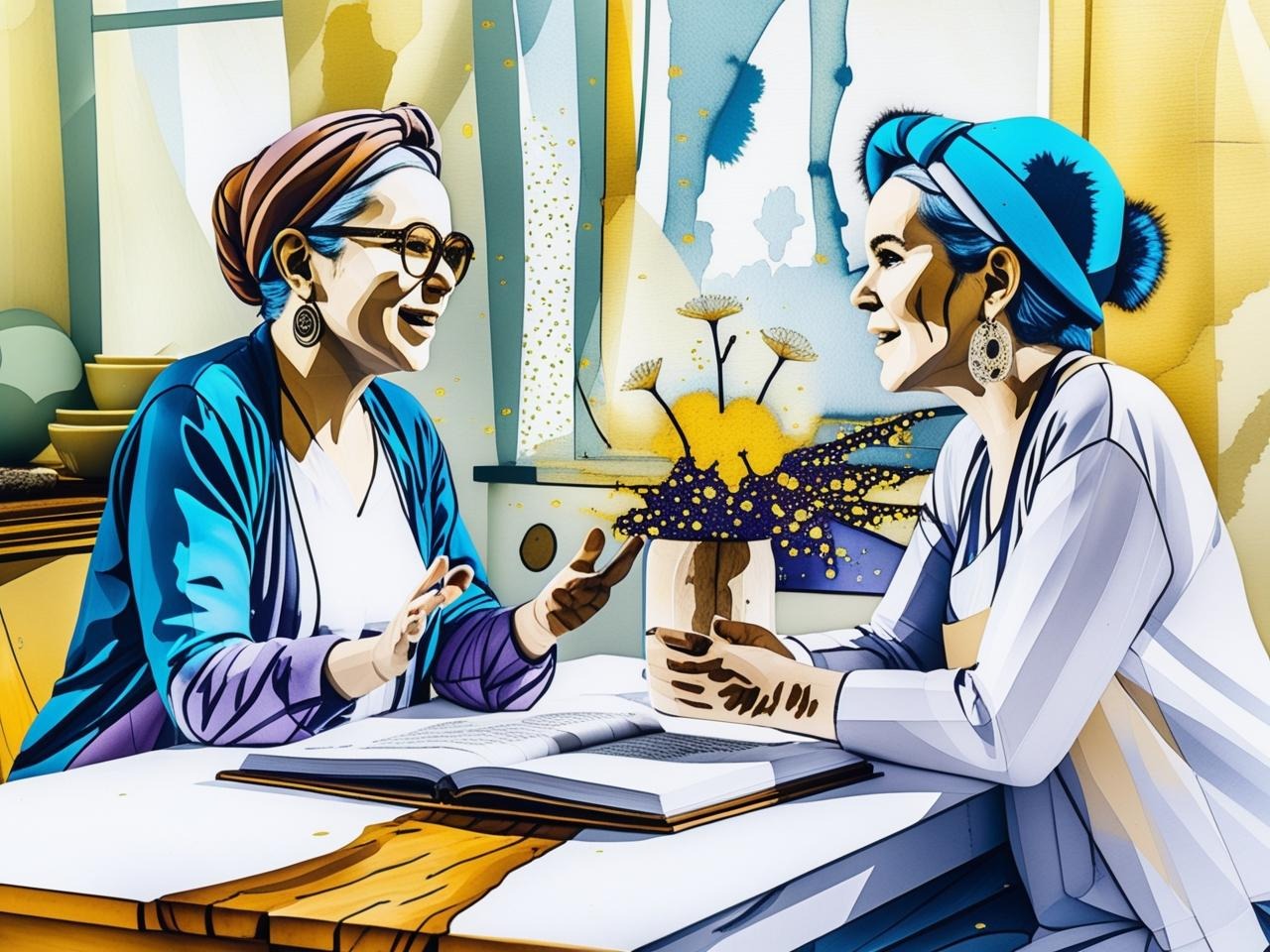 two women sat chatting across a kitchen table
