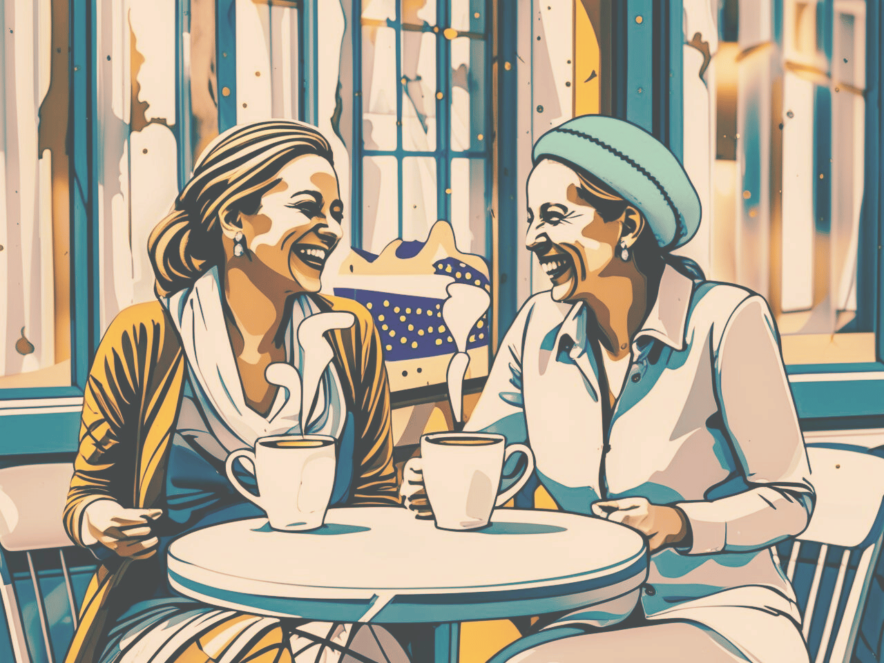 Two women sat drinking coffee together