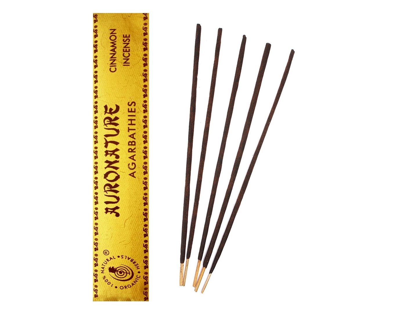 Auronature cinnamon incense sticks with yellow packaging for aromatherapy and home fragrance.