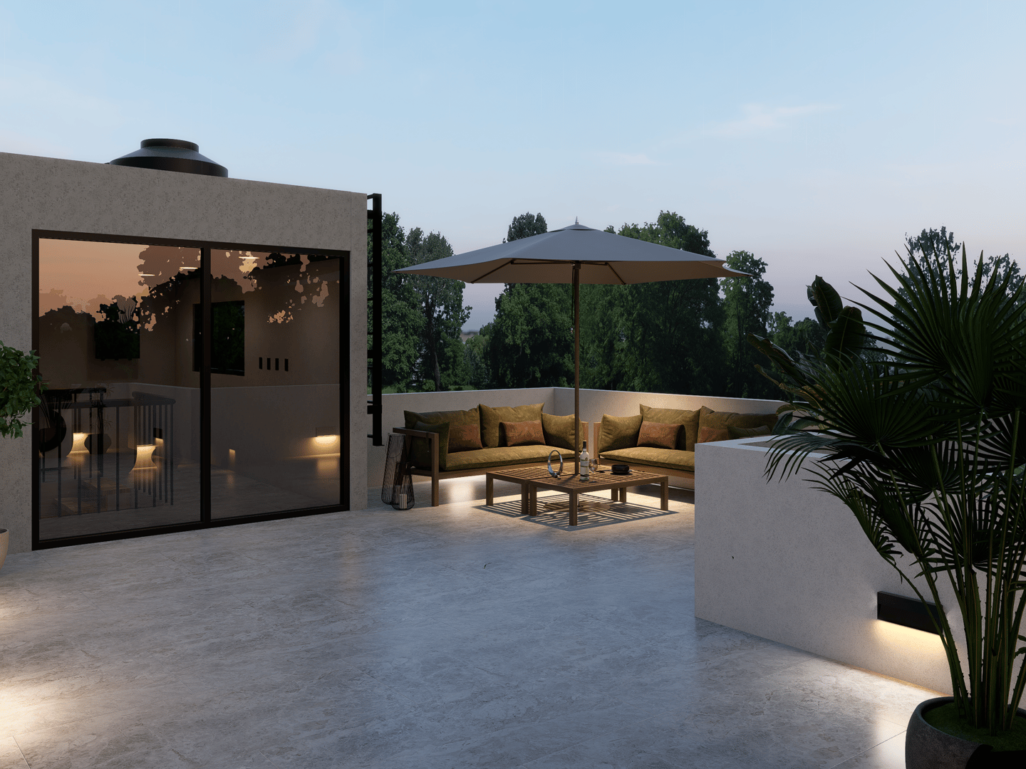 Terraza exterior con sala, sombrilla, plantas y pisos cerámicos