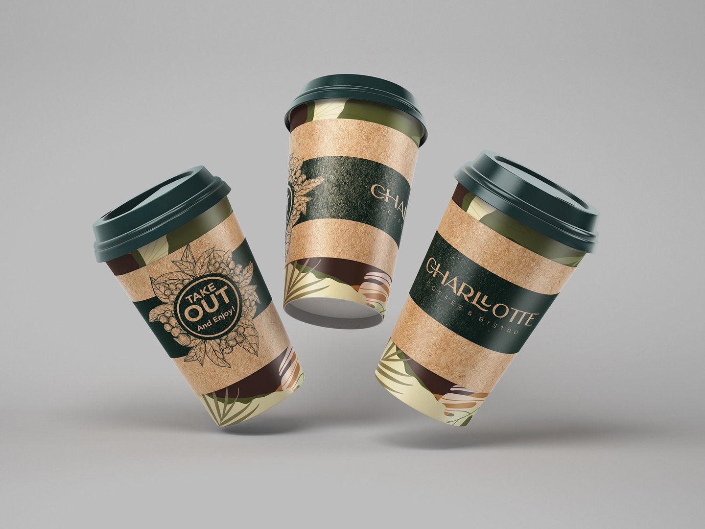 three coffee cups with coffee cups and a cup of coffee
