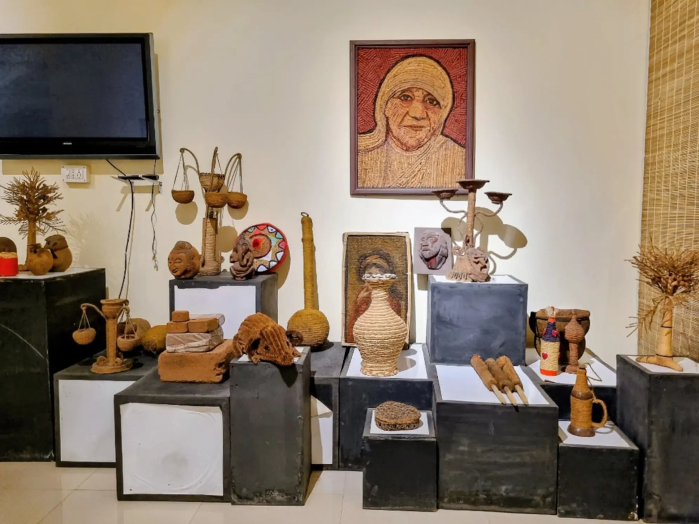 Coir artworks and handcrafted exhibits inside the International Coir Museum in Alappuzha.