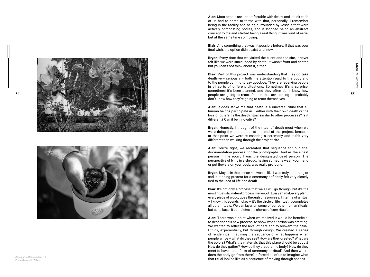 A magazine spread with a photo of a mural and hands touching soil