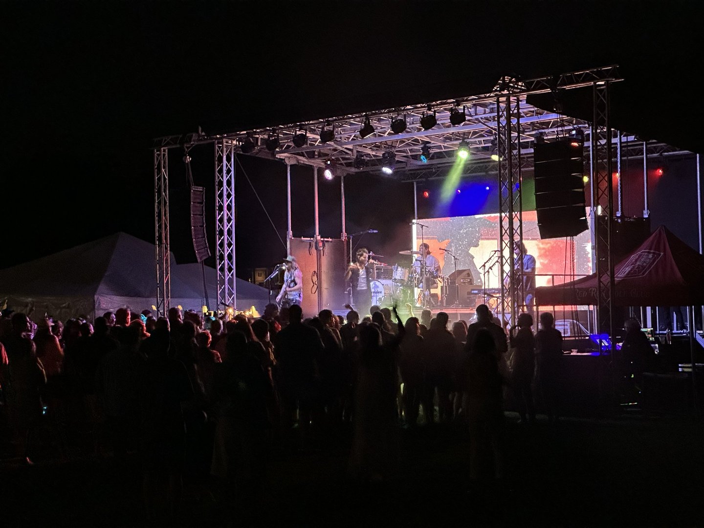Live rock band performing on an outdoor stage at night for a crowd of cheering fans.