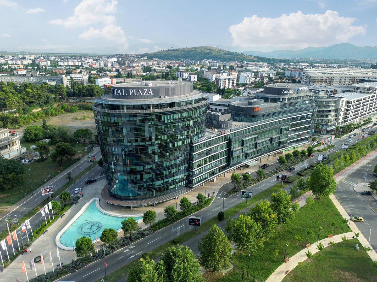 Aerial view of Capital Plaza office buildings in Podgorica, Montenegro
