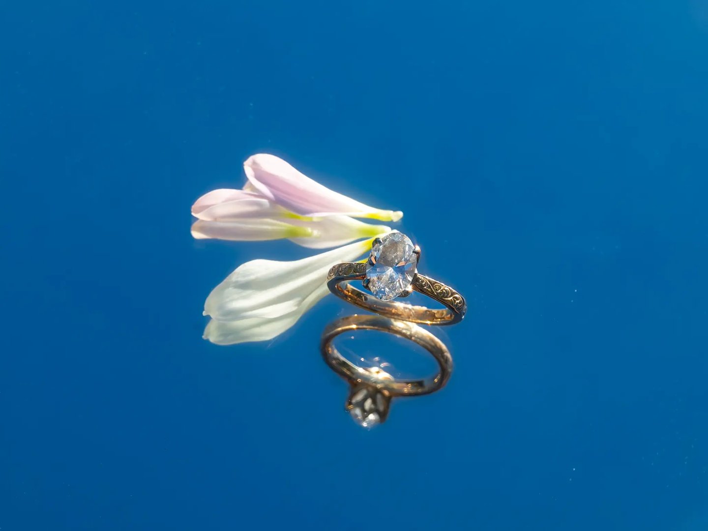Gold diamond ring styled with pale flower petals on a blue background
