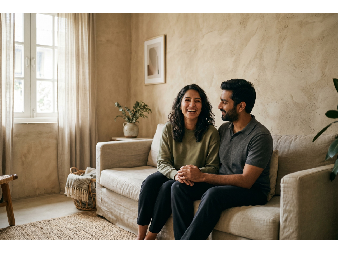 Couple on beige couch during a duo-expert couples therapy session.