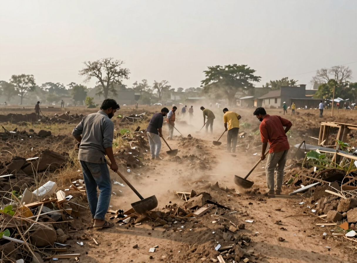 Ground-level view of a field team clearing debris from a narrow parikrama path at Govardhan, workers visible from behind with tools, natural morning light, dust visible in air, documentary framing