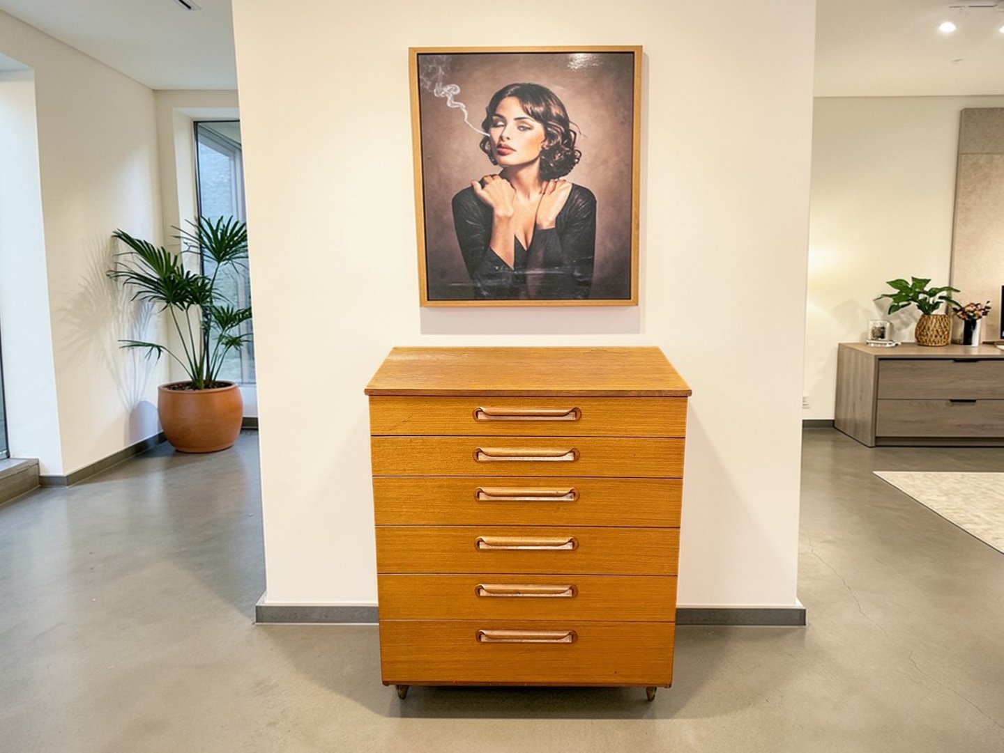 Schreiber Mid Century chest of drawers in teak with retro vintage design and practical bedroom storage.