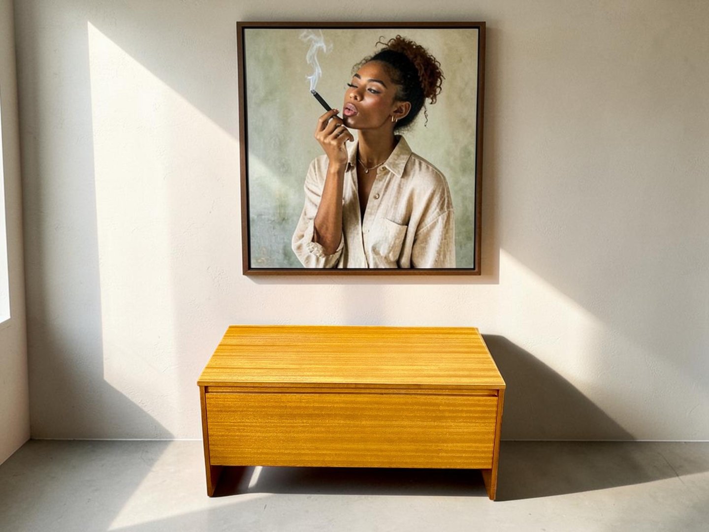 Avalon Mid Century Modern teak ottoman blanket box with storage, vintage 1960s Danish retro furniture