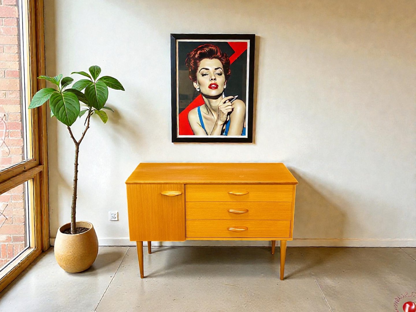 Small Avalon teak sideboard with Mid Century Modern design and practical vintage retro storage for any room.