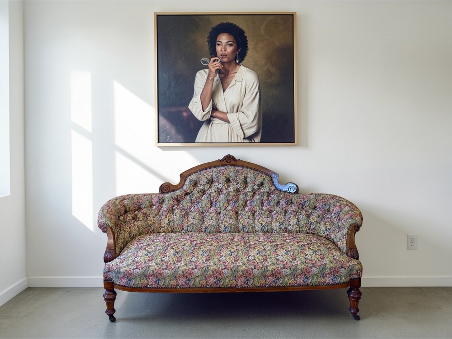 ictorian sofa with elegant carved wood frame and classic vintage upholstery.