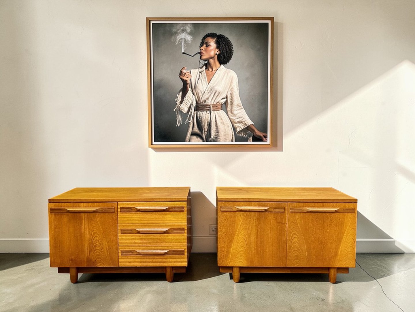 Vintage White & Newton teak cupboards with Mid Century Modern design and practical storage for living rooms, bedrooms..