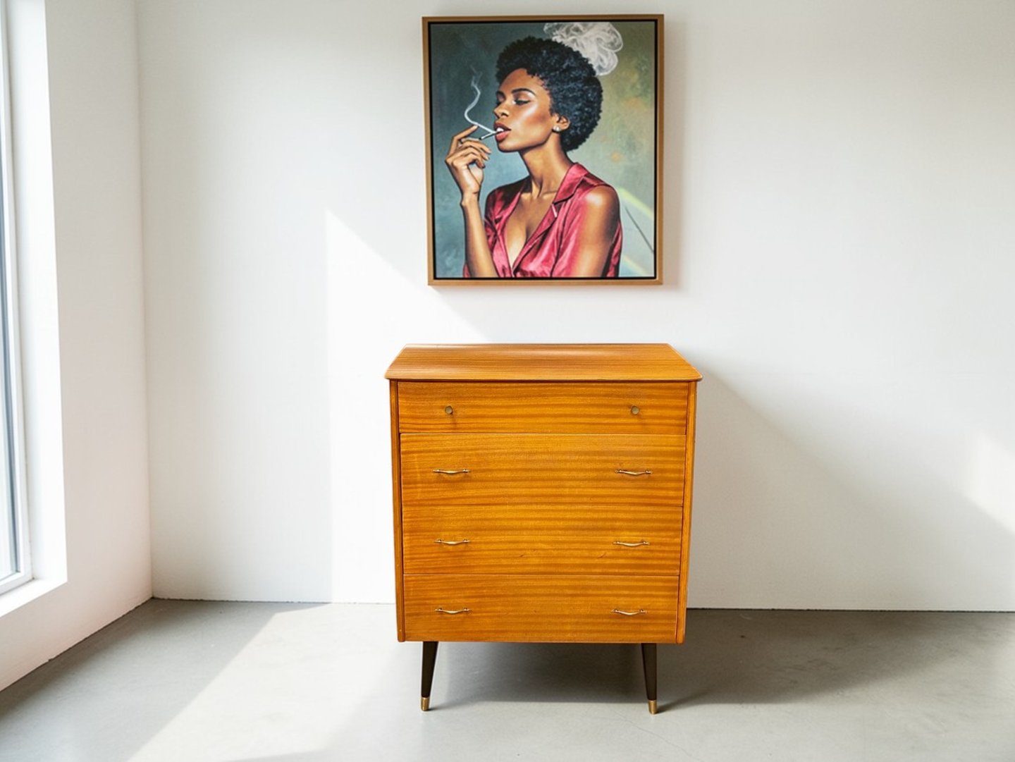 Avalon Mid Century chest of drawers in teak with retro vintage design and practical bedroom storage.