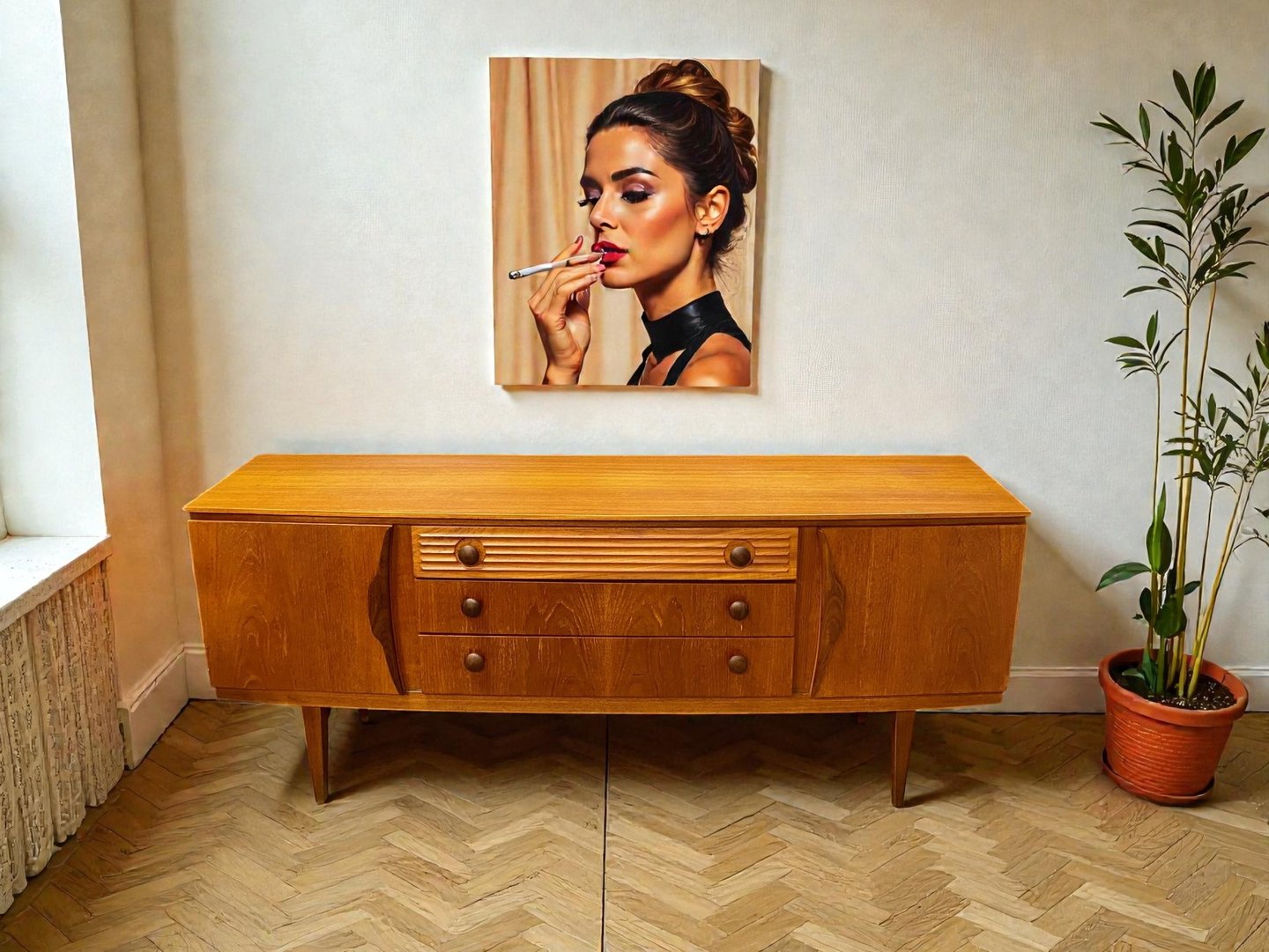 Beautility Brutalist sideboard in vintage wood, 1970s sculptural MCM storage cabinet with angular design, statement furniture